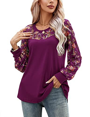 Womens Lace Long Sleeve Tops Floral Print Casual Shirts